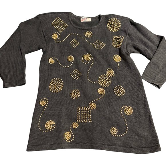 Sarah Morgan Vintage Black Knit Gold Beading Tunic Sweater Dress sz S - Picture 5 of 12